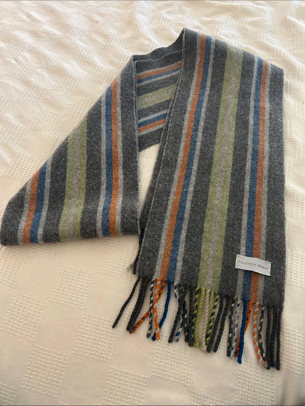 Paulette Rollo Striped long Wool muffler Scarf in Gray, Green & Blue